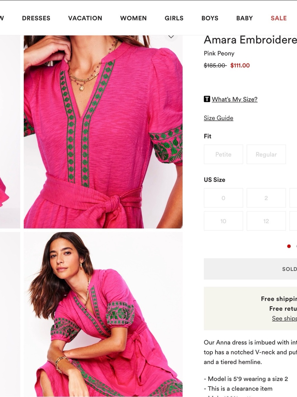Boden Amara Dress in Pink Peony Embroidered with Green Trim